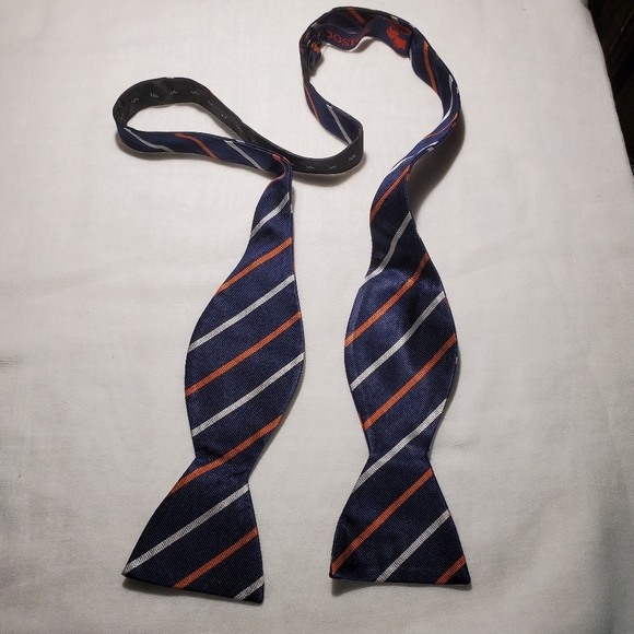 Rooster Other - Vtg Rooster Self-tie Luxury Silk Preppy Bow Tie Navy w/ Orange White Stripe Adj